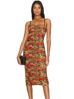 L'AGENCE Caprice Red Floral and Leopard Print Midi Dress with Black Straps